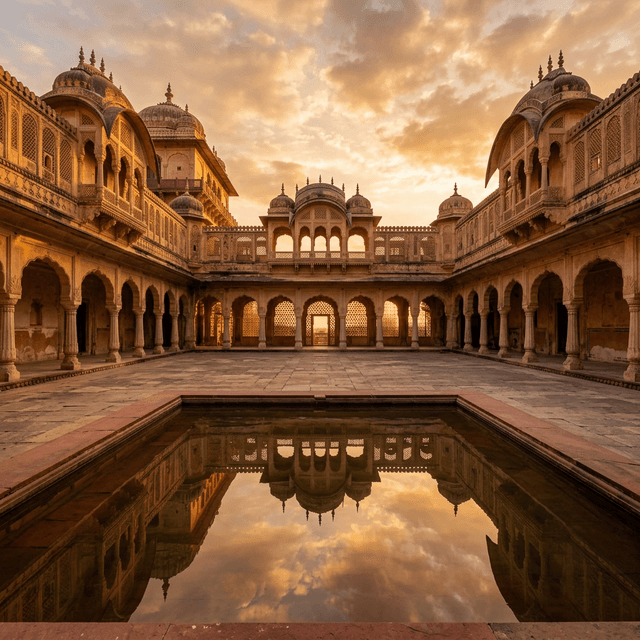 Rajasthani palace courtyard at golden hour